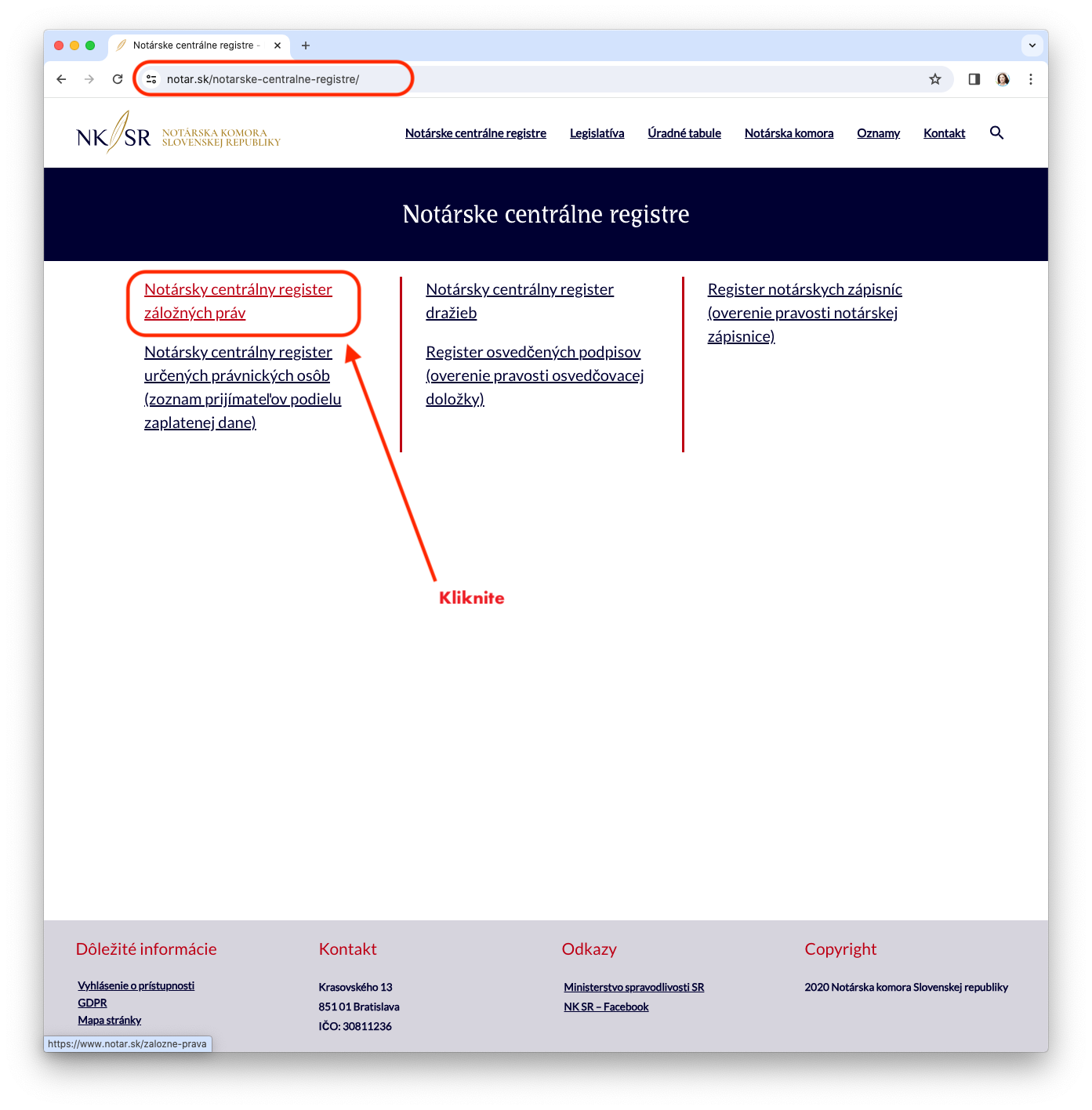 Kliknite na Notársky centrálny register záložných práv